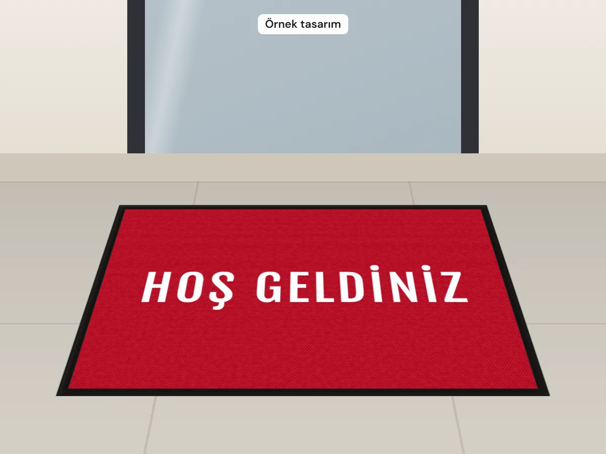 Örnek tasarım mockup: kapı önünde HOŞ GELDİNİZ yazılı paspas (gerçek iş fotoğrafı değildir)